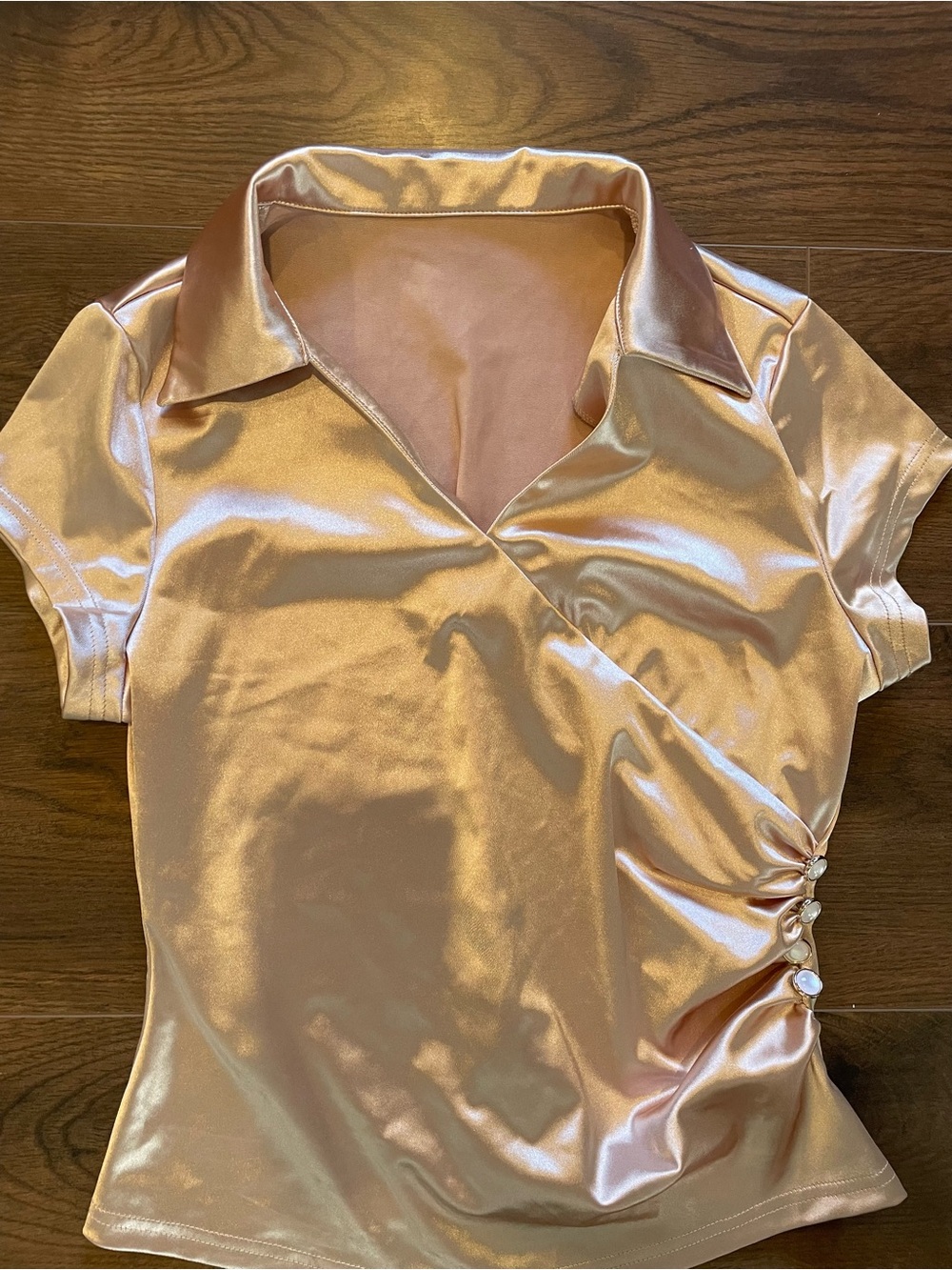 Satin Wrap-Style Short Sleeve Top in Blush